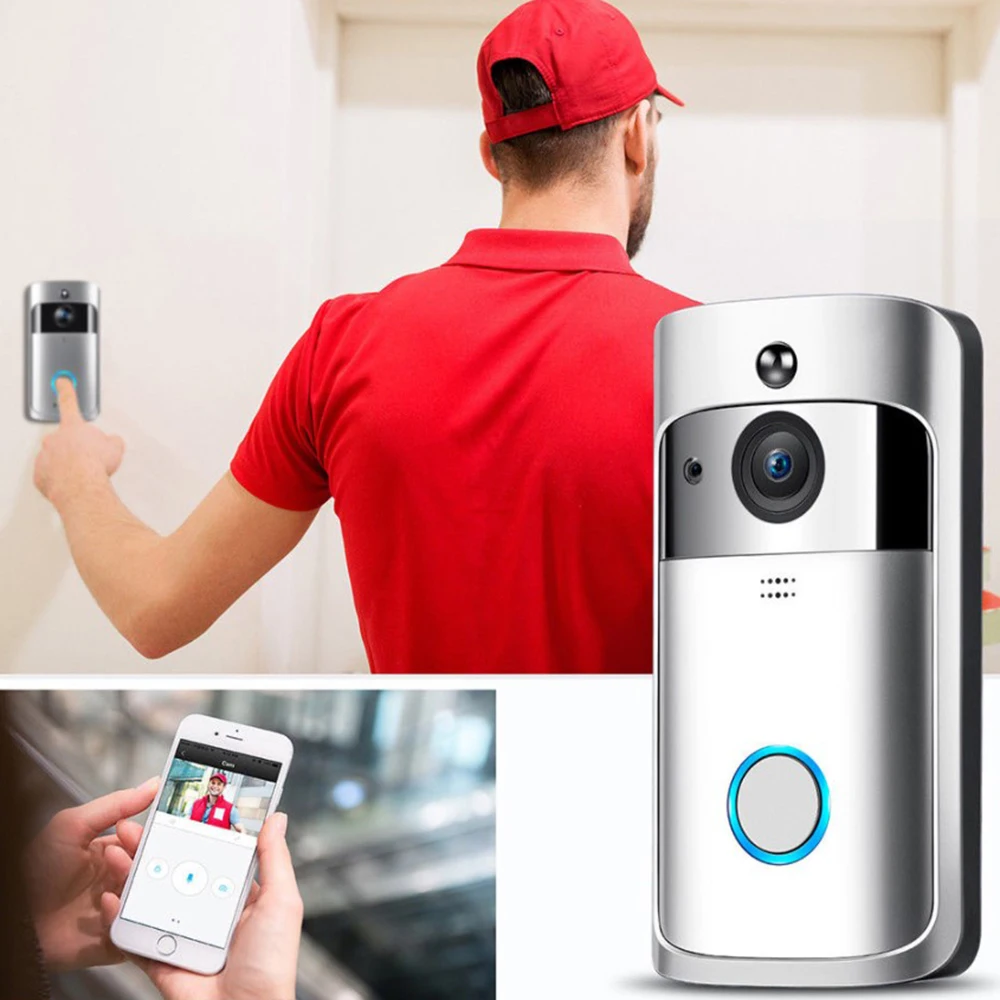 Видео Беспроводной дверной звонок 720 P HD Home Security Камера с Широкий формат Ночное видение Обнаружение движения PIR приложение Управление - Цвет: White