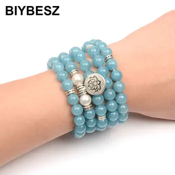 

Women's bracelet Sky Blue Natural Stone beads with Lotus OM Buddha Charm Yoga Prayer Bracelet 108 Mala Bracelet/Necklace 8mm