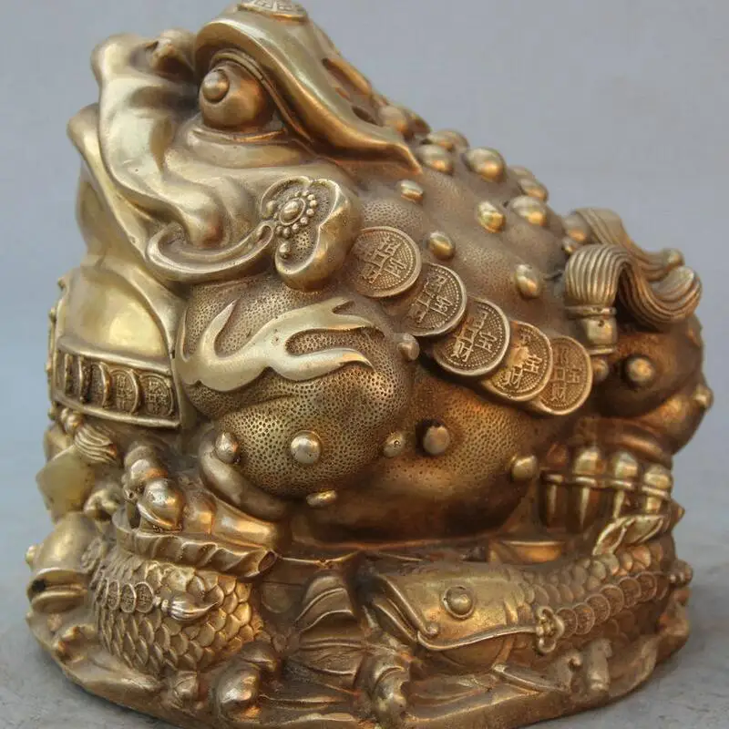 

zhaorui4884360+ +8" Chinese Folk Fengshui Brass Wealth Rich Golden Toad Spittor Fish Money Statue