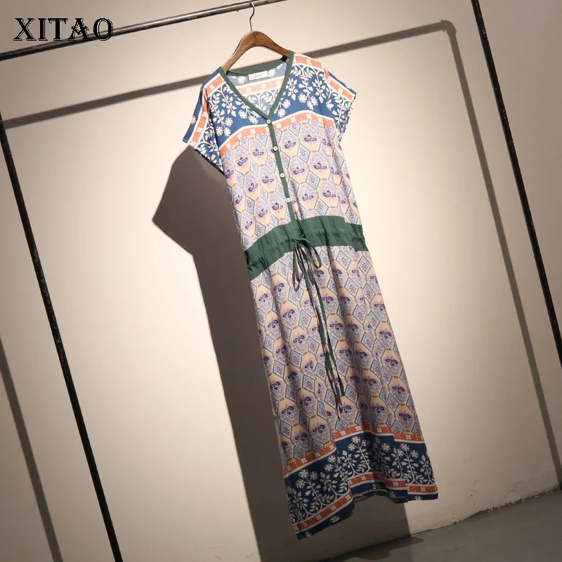 

[XITAO] Europe 2018 Vintage Summer New Women Print V-Neck Bandage A-Line Dress Female Short Sleeve Mid-Calf Loose Dress KZH1982