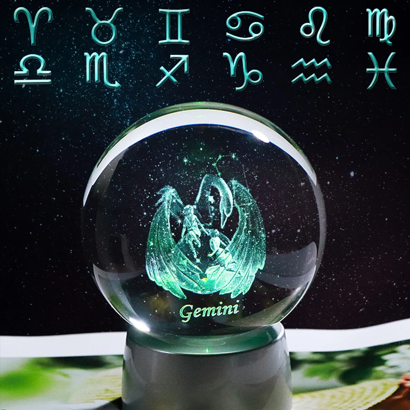 

Crystal 12 Zodiac Sign Ball 3D Glass Constellation Globe LED Light Home Decoration Ornament Zodiac Charms Sphere 8CM
