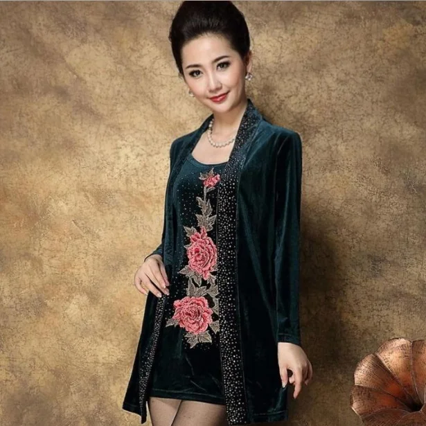 Модное женское платье из двух частей для среднего возраста,, Vestidos Femininos, длинный рукав, 4XL, 5XL размера плюс, женское бархатное платье XL614