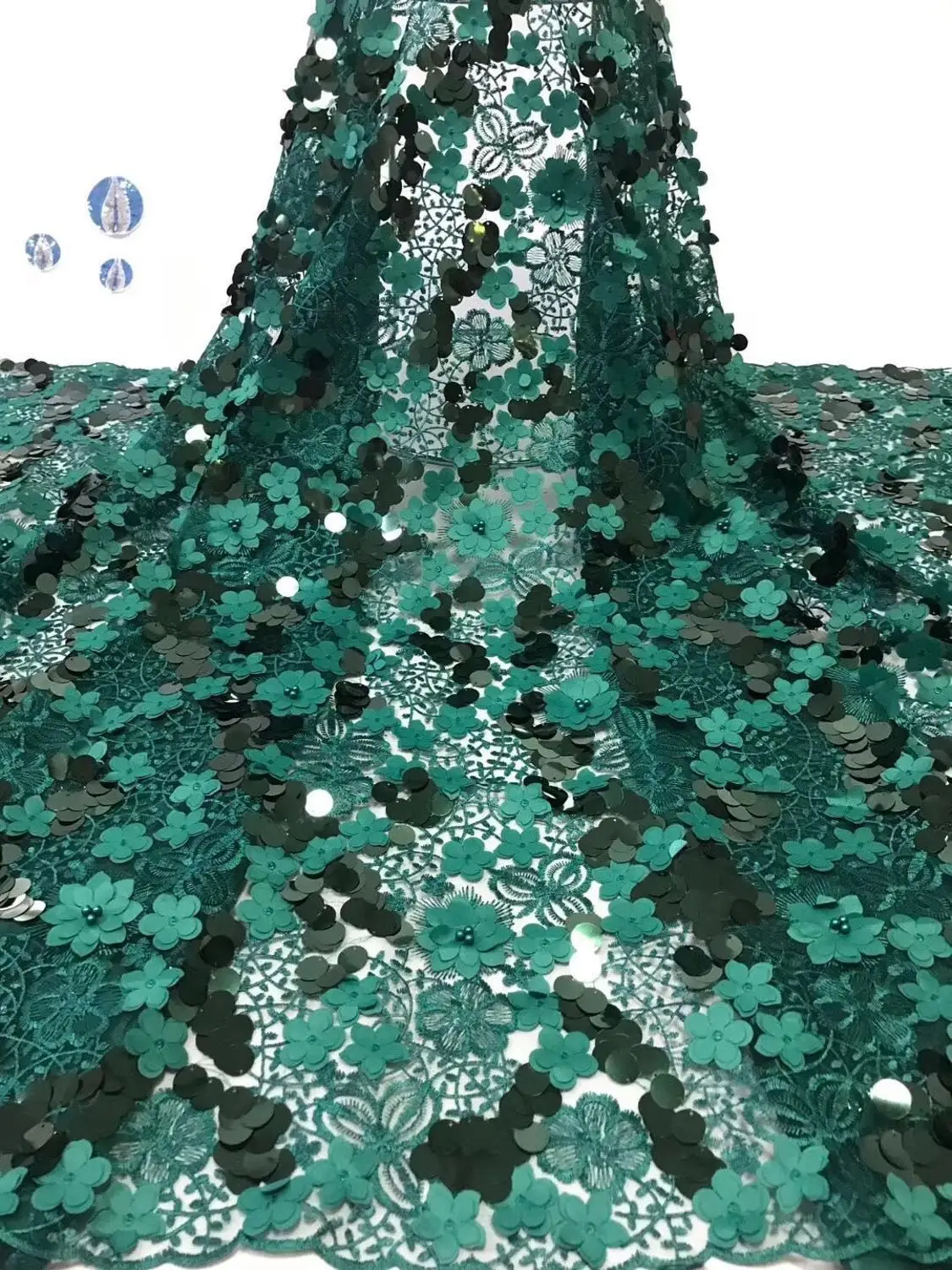 

(5yards/lot) 2019 New High quality emerald green sequins African tulle lace French net lace fabric with Sequins for party dress