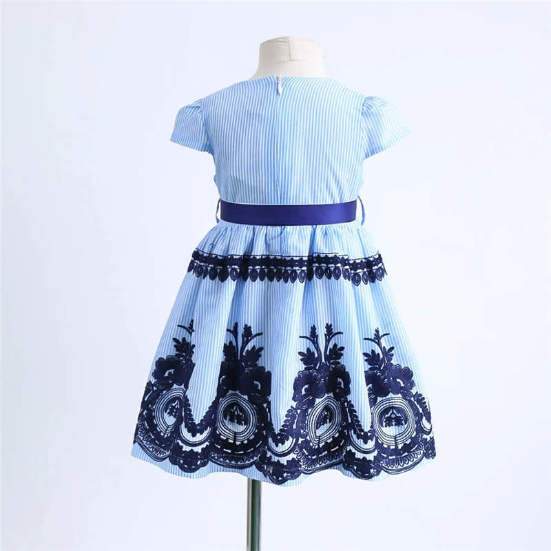 New Toddler Kids Baby Girls Clothes Stripe Floral Embroidery Party Princess Dress Blue Kid Baby Girls Dress Short Sleeve V9# (4)