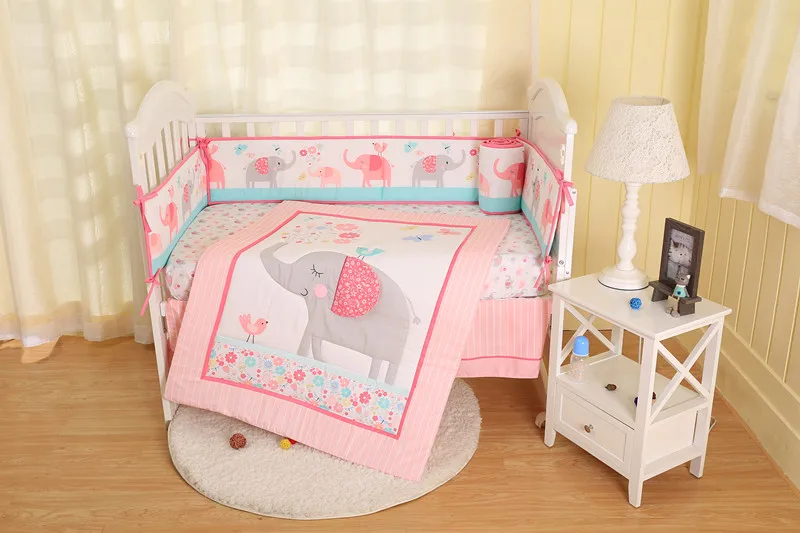 

Promotion! 7PCS embroidery Good Quality Baby Bedding Set for Girls Crib,Cot Quilts Bumpers (4bumper+bed cover+bed skirt+duvet)