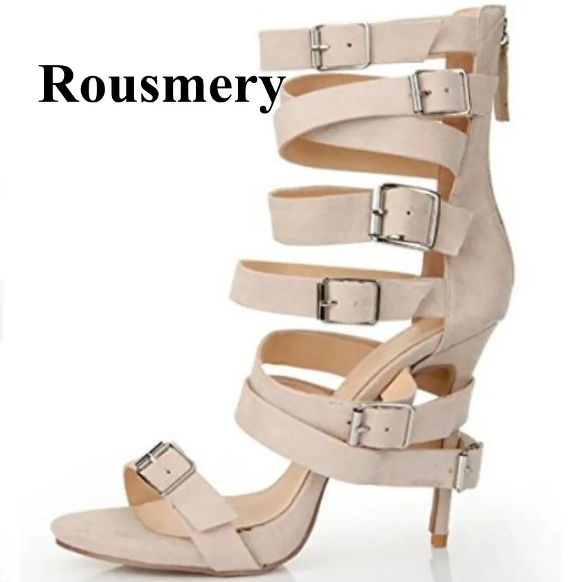 

2018 Summer Fashion Rome Style Flock Solid Buckle Cover Heel Rear Zipper Sexy High Heel Open Toe Women Sandals Normal Size