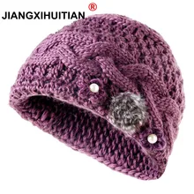 Новые женские зимние шапки из натурального кроличьего меха с жемчугом, вязаные шерстяные шапки с кроличьими косичками, женский головной убор шапки с помпоном Skullies Beanies