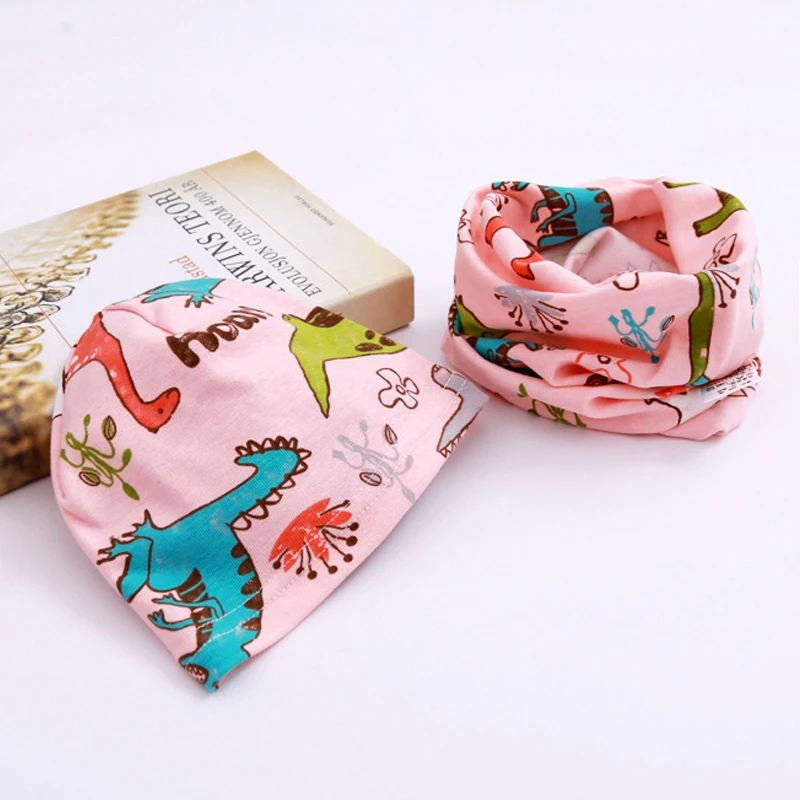 

2019 New Autumn Spring Baby Hat Scarf Set Girls Cartoon Dinosaur Pattern Cotton Boys Hat Children Hats Scarf-Collar Set