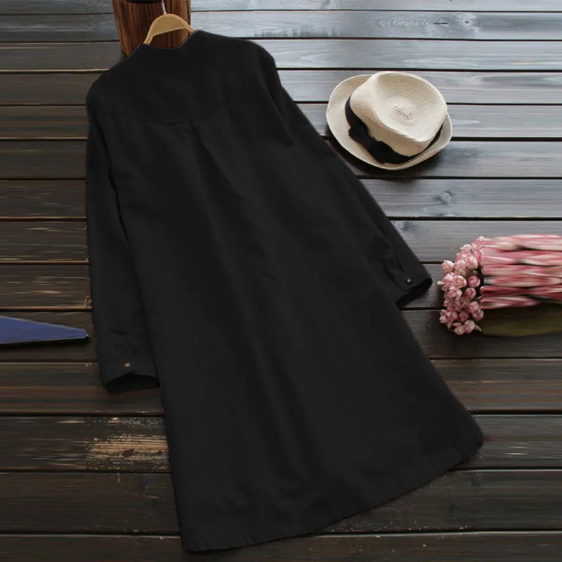 ZANZEA осеннее женское платье с длинным рукавом из хлопка и льна, мини платье с карманами и пуговицами, Повседневное платье-рубашка размера плюс