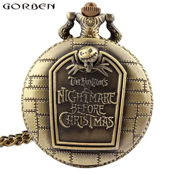 

Antique Nightmare Before Christmas Tim Burton Pocket Watch Jack Skellington Bronze Pendants Chain Clock Necklace Women Men Gift