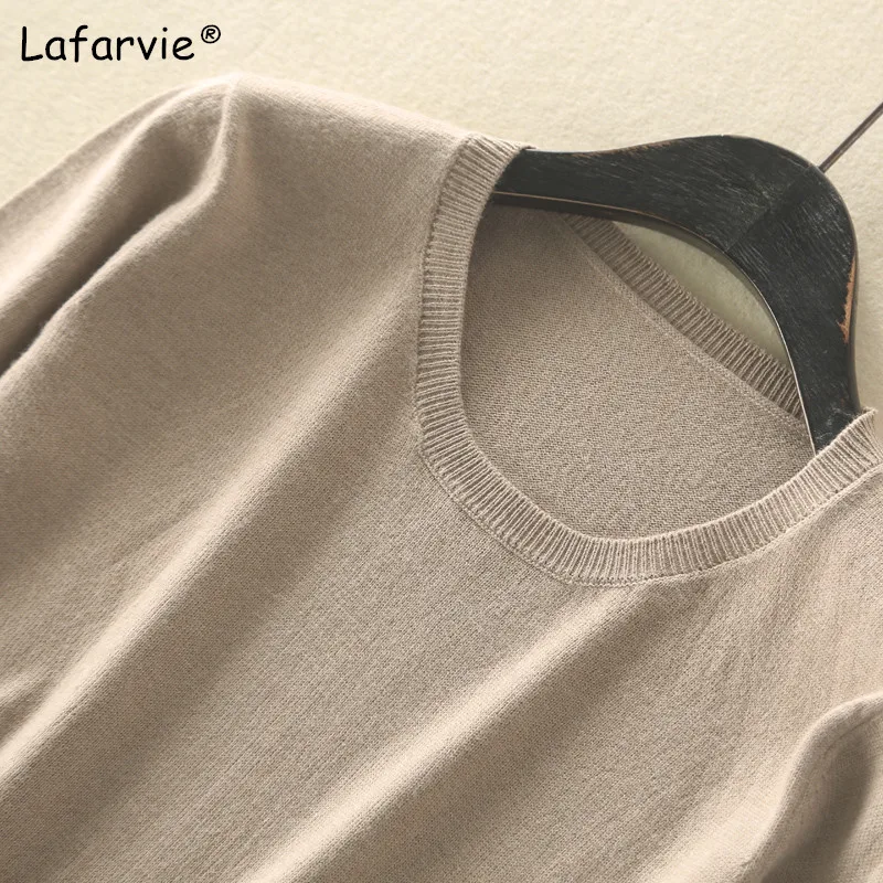 Lafarvie New Knitted Cashmere Blended Cashmere Sweater Women Spring Autumn Pullover Short Sleeve Solid Loose Knitting Sweater