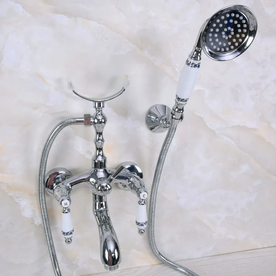 Modern Wall Mount Polished Chrome Brass Bathroom Tub Faucet Clawfoot Hand Shower Mixer Tap Telephone Shape Hand Spray ana246