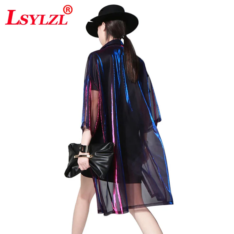 

2018 Summer Half Sleeve Colorful Transparent Long Female T shirt Women Big Sizes Cardigan Tops Clothes Korean Casual B271