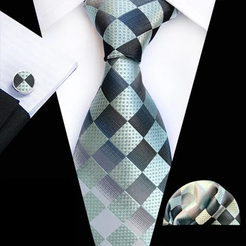 

3 Pcs/Set 8cm Designer's Formal Ties Set Popular Gray Silver Diamond Plaids with Pocket Square Cufflink