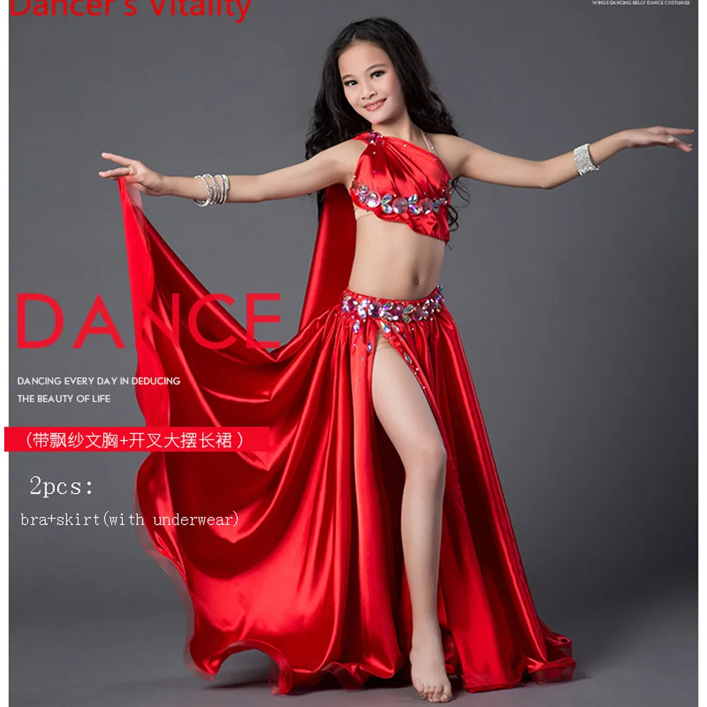 

Luxury Spandex Dress Handmade Beaded Belly Dance Costume Girl 2 piece set for Children internship Performance skirt red green