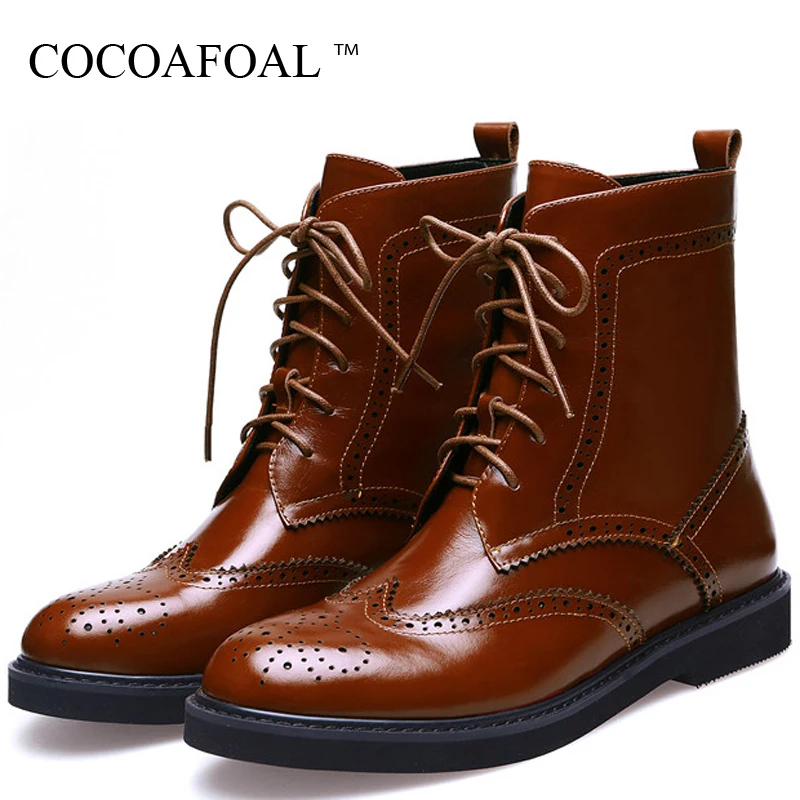 

COCOAFOAL Women's Martin Boots Lace Up Genuine Leather Shoes Woman Autumn Winter Ankle Boots Genuine Leather Chelsea Boots Black