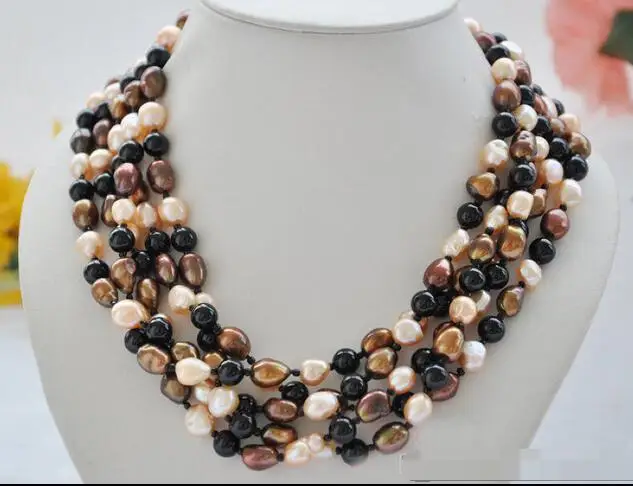 

3338 5row pink coffee freshwater pearl agate bead necklace