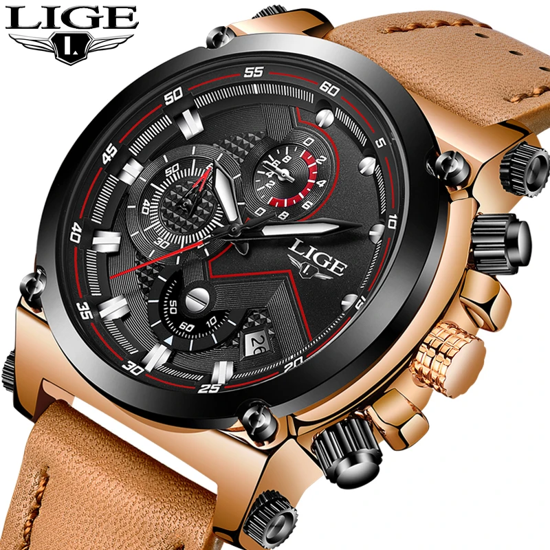 Наручные часы lige мужские модные спортивные кварцевые большие циферблатные