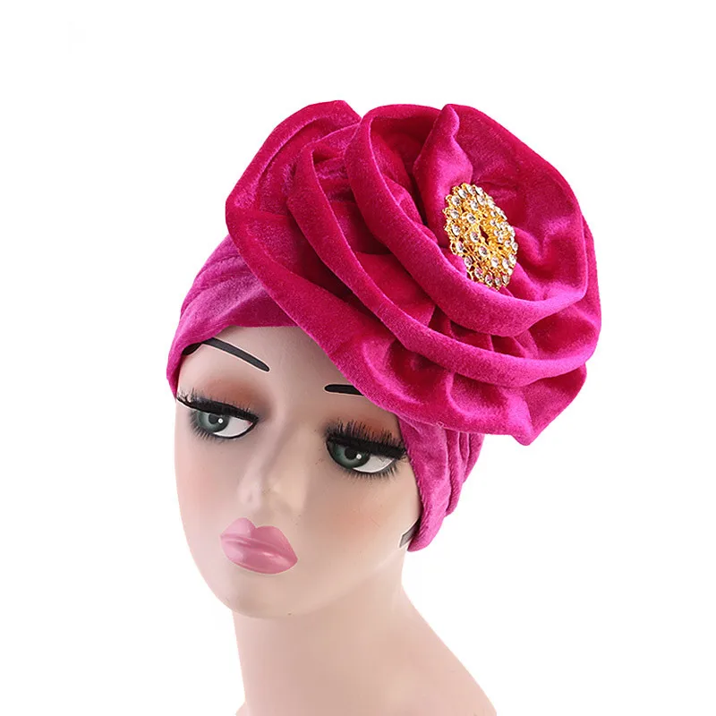 

Fashion Women Velvet Turban Headband with Brooch Big Flower Hair Loss Head Scarf Party Head Covers Cap Hair Accessories