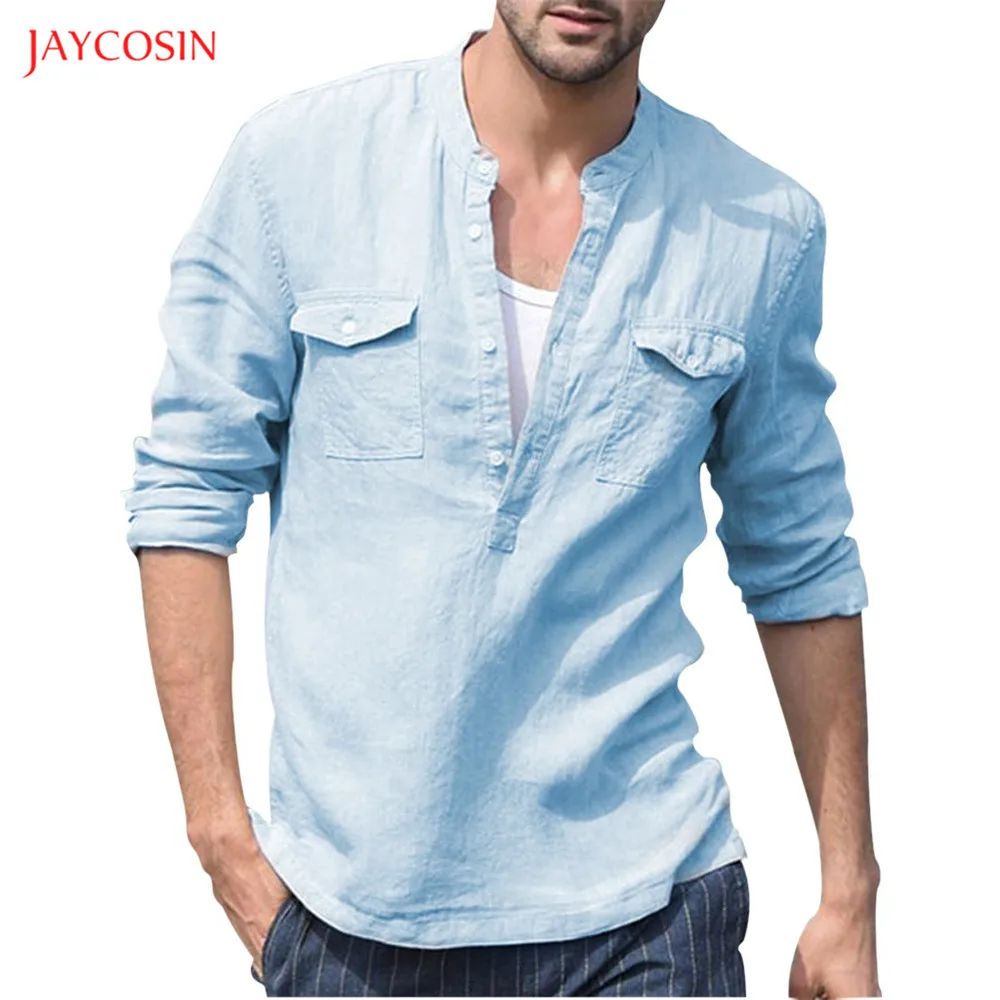 

Jaycosin Clothes Shirt Men Long Sleeve Summer Cotton Linen Men Solid Shirt Loose Tops Blouse Fashion men's v-neck shirt XXL