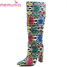 MEMUNIA/ г. Новое поступление, сапоги до колена женские осенние сапоги с острым носком разноцветные сапоги на высоком каблуке со змеиным узором и молнией женская обувь