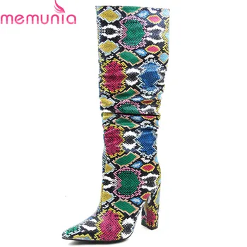 

MEMUNIA 2020 new arrival knee high boots women pointed toe autumn boots multicolor Snake zipper high heels boots women shoes