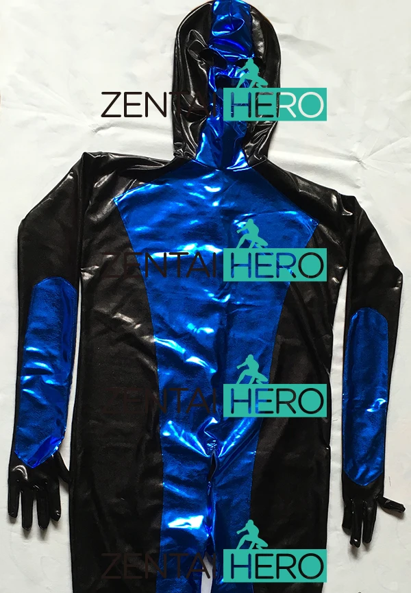 Free Shipping DHL Wholesale Cool Full Body Shiny Metallic Black Blue Zentai Super Hero Suits Open Eyes Mouth Halloween Costume (2)