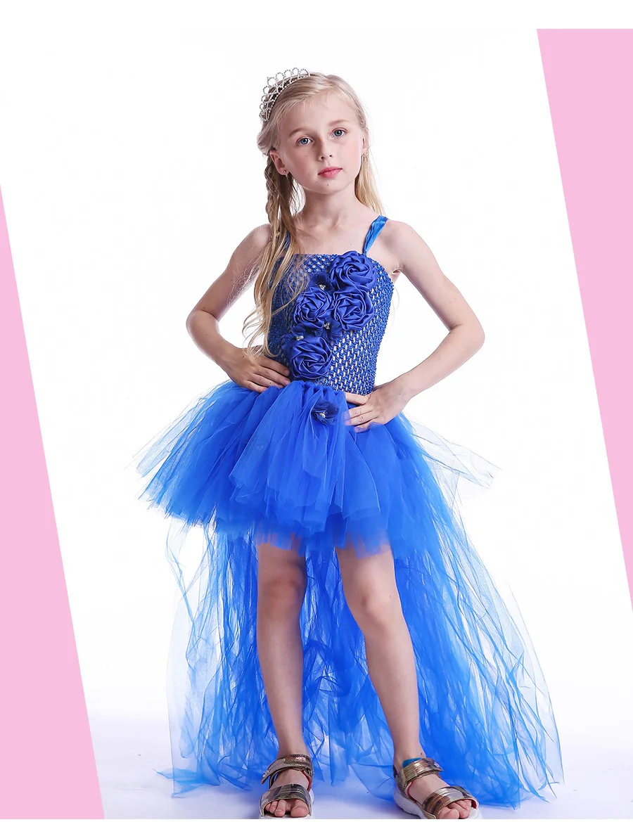 Royal Blue Flowers Girls Tutu Dress High Low Ice Princess Tulle Dress for Wedding Pageant Party Handmade Baby Photo Costume (2)