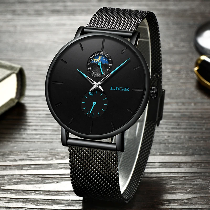 

Relogio Masculino LIGE New Fashion Mens Watches Top Brand Luxury Quartz Watch Men Casual Slim Mesh Steel Waterproof Sports Watch