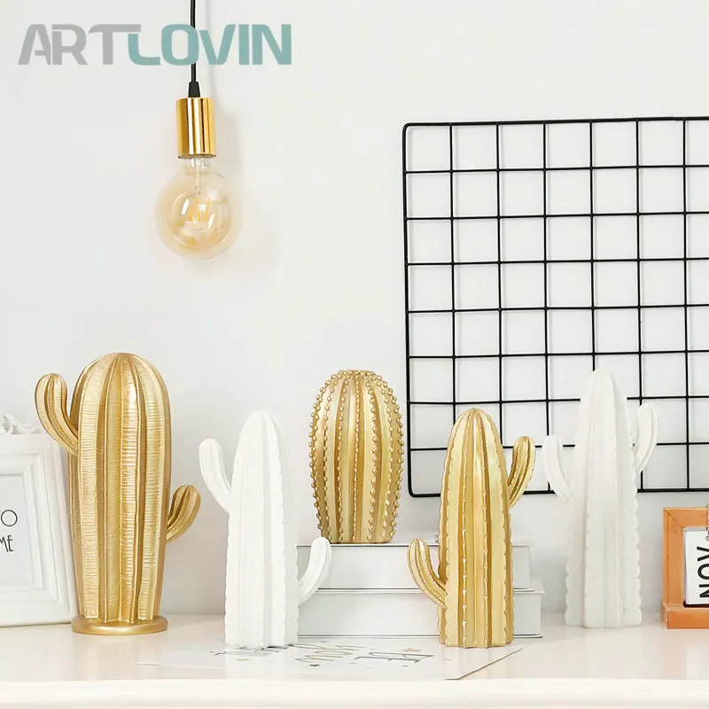 Koop Hars Cactus Beeldje Ambachten Gouden en Witte Cactusvijg Standbeeld Kinderen Kamer Decoratie Home Decor Kunstmatige Plant Ornamenten