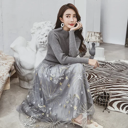 

2018 Autumn Fashion High Temperament Winter Dress for Women O-neck Slim Long Sleeve Long Knitting Patchwork Mesh ladies Dresses