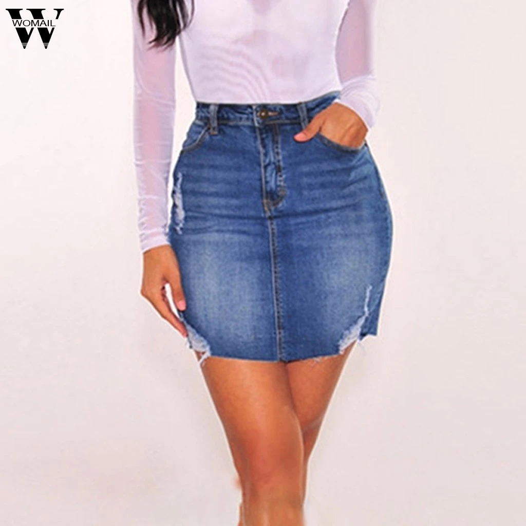 

Womail Skirt shorts 2019 Fashion Women Solid Blue High Waist Buttons Leisure Short Casual Skirt Broken cowboy shorts Skirts J25