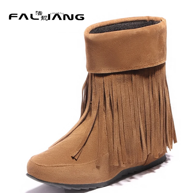 Winter plus size 11 12 13 14 15 16 Flock fashion Fringe Height Increasing Ankle Med Heels Boots Snow | Обувь