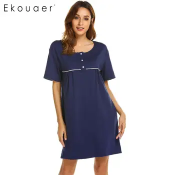 

Ekouaer Casual Nightdress Nightwear Women Short Sleeve O-Neck Solid Button Front Sleepwear Nightgowns Female Nightie Home Dress
