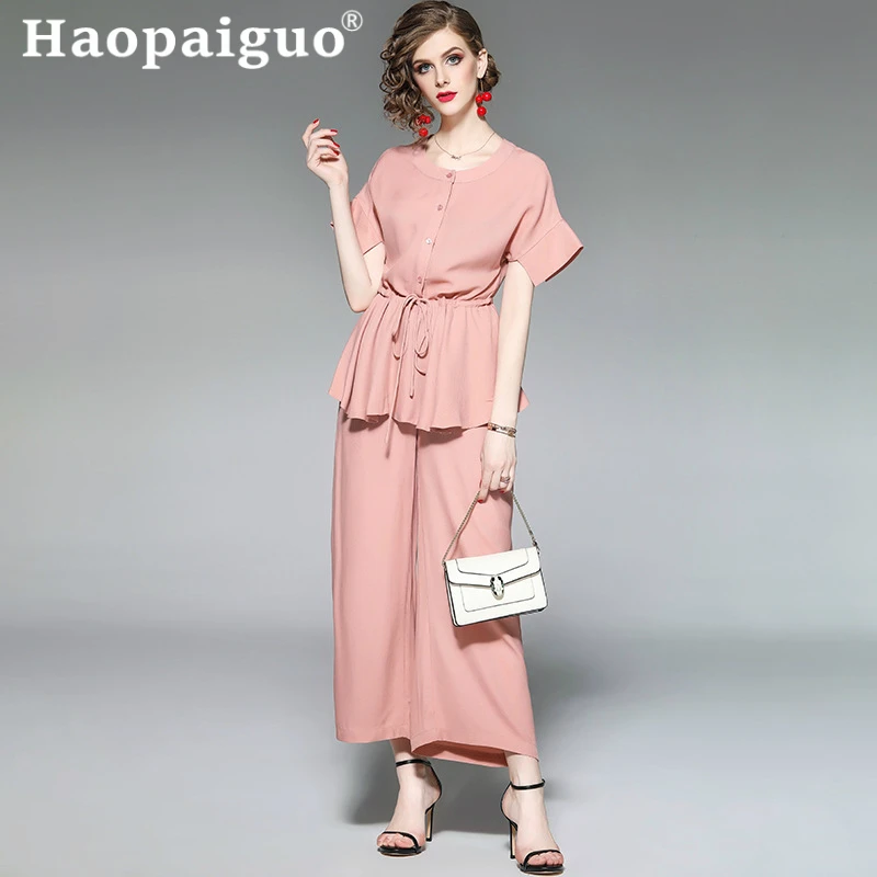 

S-XL Plus Size Pink Casual Summer Two Pieces Set Loose Corset Blouse and Wide Leg Pants for Women 2 Pieces Set Office Suit Set