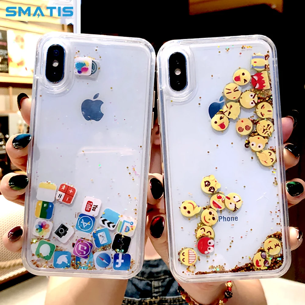

Quicksand App Case for iPhone 6 6S 7 8 Plus X XR XS Max Dynamic Liquid Hard PC Cover Capa Smile face Cute Girl Funda Waterproof