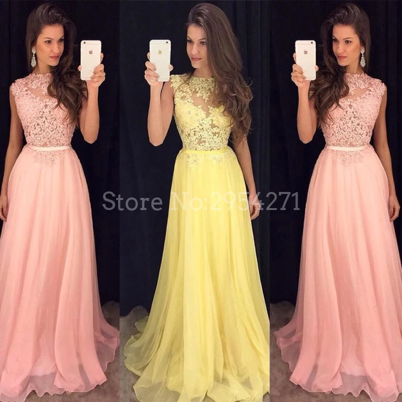 

Yellow O Neck A Line Chiffon Appliques Light Pink Long Prom Dresses 2017 With Sash Evening Dresses Custom Made