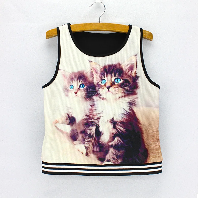 Cute Twin Cats print women crop tanks short design summer dresses 2016