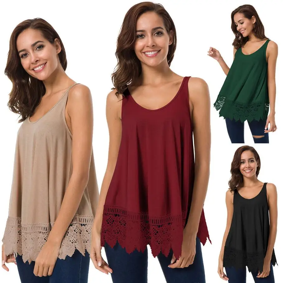 New Summer Top 2018 Casual Women T-shirts O-neck Sleeveless Lace Patchwork Sexy Shirt Thin Solid Color Summer Shirt Women Tops