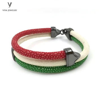 

White Red Green 3 Color Mix Colors Stingray Leather Bracelet For Italy Mexico 925 Silver Bracelet With Gift Box Bracelet For Men