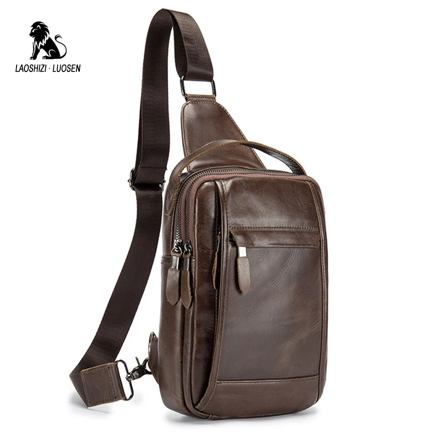 LAOSHIZI Vintage Chest Bag Pack Men Shoulder Bag Male Small Oil Wax