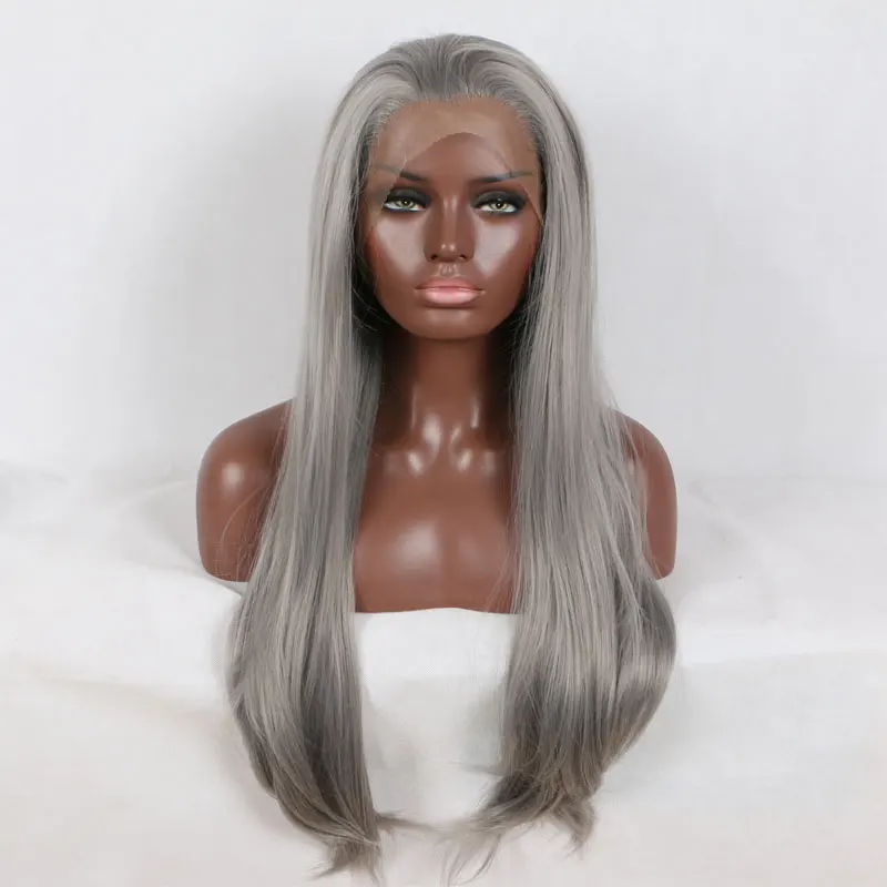 

Bombshell Silver Grey Long Straight Hand Tied Synthetic Lace Front Wig Glueless Heat Resistant Fiber Hair Free Parting For Women