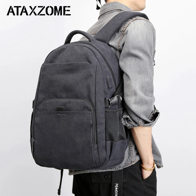 ATAXZOME canvas backpack high density canvas UBS multi function laptop