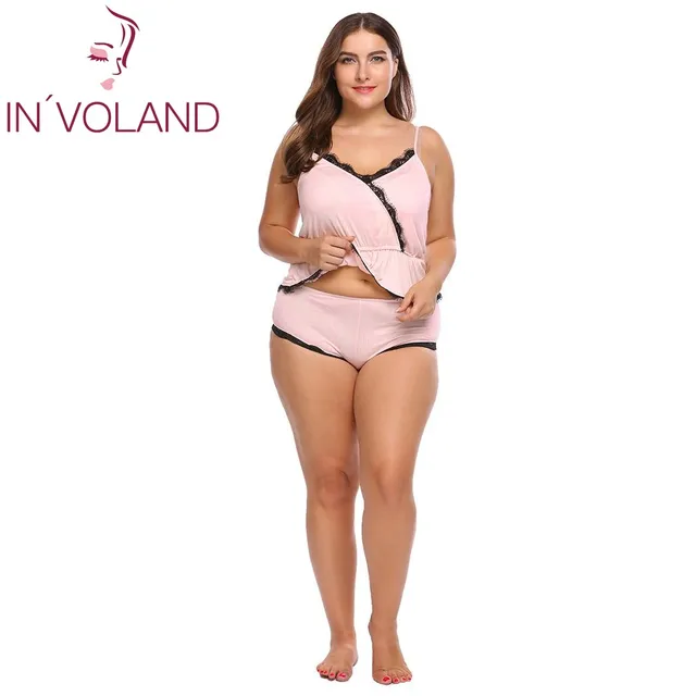 IN’VOLAND Full Size Women Sleepwear Pajama Set L-4XL Lounge Lace Trim Ruffles Hem Patchwork Large Cami Shorts Nightwear Big Size