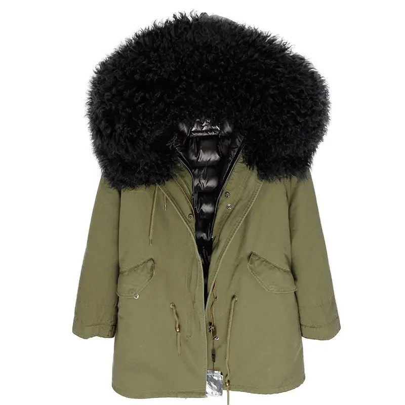 OFBUT, зимняя женская куртка, пальто с натуральным мехом, длинная парка, воротник из натурального меха монгольской овцы, гусиный пух, пальто, Толстая теплая уличная одежда - Цвет: green black