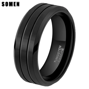 

Somen Ring Men 8mm Pure Black Tungsten Carbide Ring Two Groove Classic Wedding Band Male Jewelry Engagement Rings Bague Homme