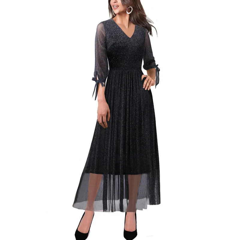 

Vfemage Women Sexy V Neck Shiny See-Through Tulle Lace 3/4 Puff Sleeve Pleated Casual Cocktail Party Flare A-Line Long Dress 789