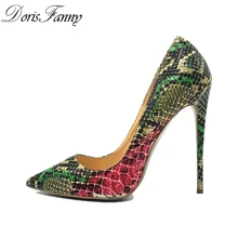 DORISFANNY/зеленые туфли на высоком каблуке; коллекция года; женские туфли-лодочки со змеиным принтом; вечерние свадебные туфли; размер 43