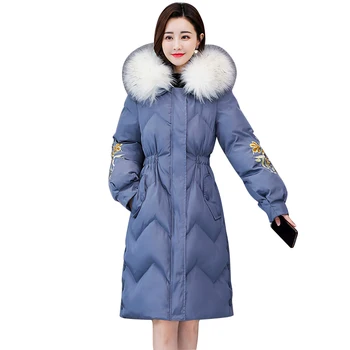 

Winter Jacket Women Fashion Warm Parka Elegant Embroidery Casual Overcoat Big Fur Collar Hooded Long Down Cotton Paddded Coat