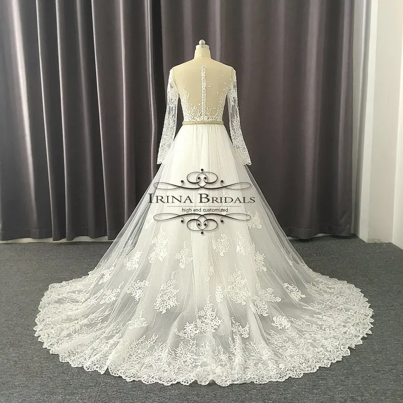 Irina Bridals Кружевная аппликация с длинным рукавом Прозрачная Съемная юбка пляжное